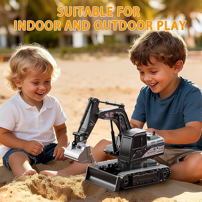 Remote Control Excavator for Boys 4-7, RC Excavator for Kids, 27 MHz Construction Trucks Vehicles Toys for Toddlers 1-3 3-5 4-7 with Metal Shovel and Light Birthday Boys Gifts