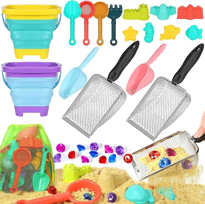 Beach Sand Toys for Kids,Sand toys with 2 Collapsible Beach Bucket,2 Beach Sifter Shovel,Sand Shovel Set,Sand Castle Kit,Sea Animal Molds,Diving Gem Pool Toy,Mesh Bag Travel Toys for Toddler 3-10