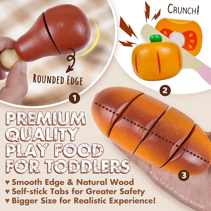 Wooden Play Food Sets for Kids Kitchen Toddlers Wood Toys Cutting Fruit Pretend Food Play Kitchen Accessories Set for Boys and Girls