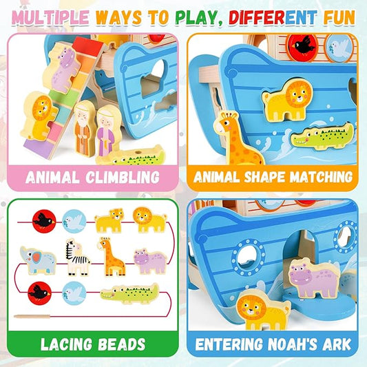 Wooden Noahs Ark Toy Animal Playset, Baptism Gifts for 2 3 4 Years Old Boys Girl, Lacing Beads, Shape Sorter, Montessori Noah's Ark Toys with Bible Story Book for 24 Months Kids