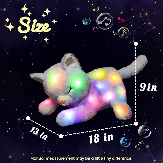Hopearl LED Musical Stuffed Cat Lighting Up Singing Plush Toy Playset Mommy Cat with 3 Baby Kittens in her Tummy Lullaby Animated Soothe for Mom Kids Toddler Girls, Rainbow, 18''