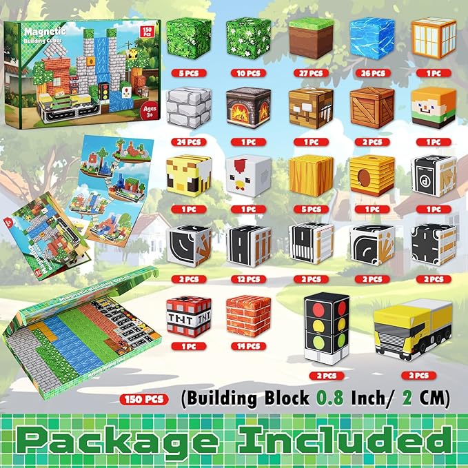 Magnetic Blocks - 150PCS Magnetic Building Blocks Road Forest Magnetic Cubes - STEM Toys for Montessori Toddler Birthday Gifts -STEM Sensory Construction Toys for Kids Ages 3+ for Boy & Girl