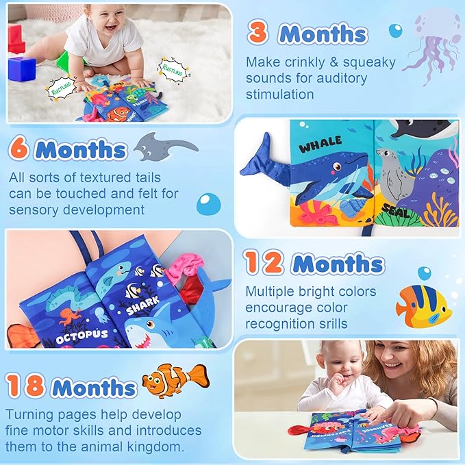 Soft Baby Book - Baby Toy - Newborn Boys Girls Shower Gift - Tummy Time Toy for Infant 0-6 6-12 Months - Touch and Feel Sensory Crinkle Book with Teether for Toddler