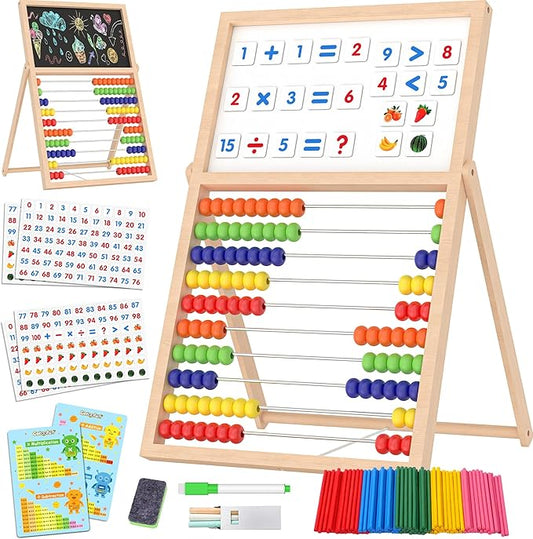 Wooden Abacus for Kids Math - Double-Sided Blackboard Whiteboard for Toddlers with 308 Magnetic Number & Fruit Cards, 100 Counting Sticks Montessori Educational Toys Homeschool Essentials