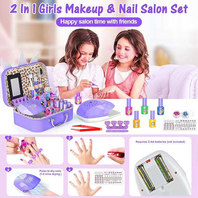 Kids Makeup Kit for Girl - 2 in 1 Kids Washable Makeup Toys & Nail Art Kit with Nail Dryer and Storage Case, Real Girl Makeup Set Birthday Gifts Toys for 3 -12 Year Old Girls, Light Purple