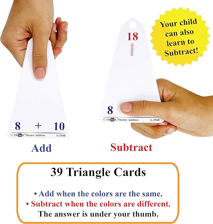 Think2Master Addition Flash Cards. Learn to Add & Subtract by Counting, Writing, Understanding & Memorizing. 260 Laminated Cards, 39 Triangle Cards, 2 Dry Erase Markers, 5 Rings & 30 Counters