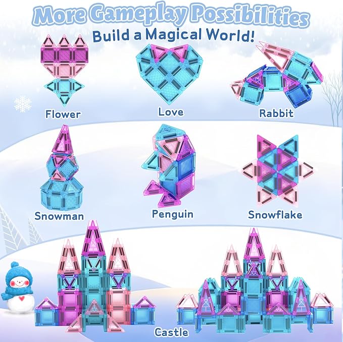 Dreamon Mini Magnetic Tiles, 68PCS Travel Set with Storage Case, Ice Castle Building Blocks STEM Toys for Toddlers Ages 3-5, Educational Games Sensory Exploration Toys for Boys and Girls