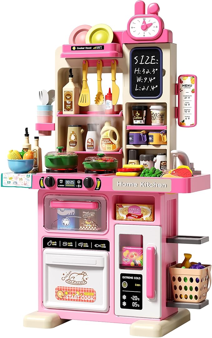 33.8IN Kids Kitchen Playset, 63 PCS Kid Play Kitchen with Realistic Lights & Sounds, Spray Sink Toy Kitchen Accessories, Pretend Food Toys Kitchen for Boys Girls Toddlers(Pink)