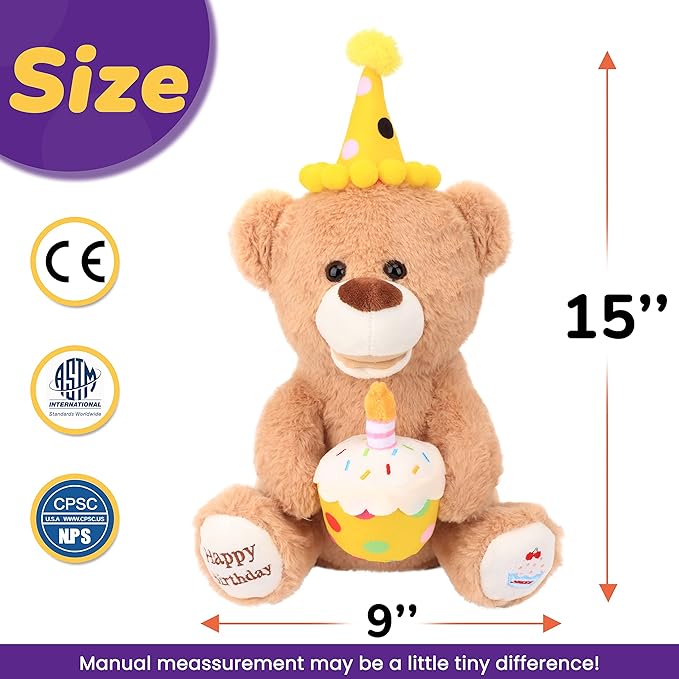 Hopearl Adorable Happy Birthday Teddy Bear with Glowing Cupcake Musical Stuffed Animal Bear Singing and Shaking Plush Toy Interactive Animated Kids Gifts, Brown, 15’’
