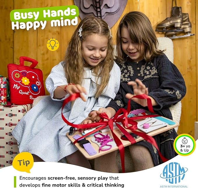 deMoca Sensory Busy Board for Toddlers, Premium Wooden Toddler Busy Board for 1 2 3 Year Old with 10 Educational Activities for Fine Motor Skills, Fidget Activity Toy for Travel Toy