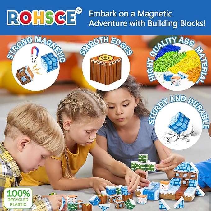 Magnetic Blocks 52PCS - Winter Scene Construction Cubes, STEM Preschool kit, Safe ABS no-Odor, CPC ASTM Certified, Travel-Ready for Ages 3–12, Perfect for Birthday