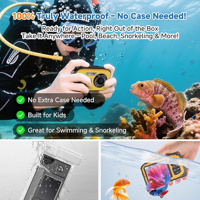 Underwater Floating Digital Camera – 48MP HD Bare-Body Waterproof Camera, No Case Needed for Underwater Fun & Childhood Memories (Yellow)