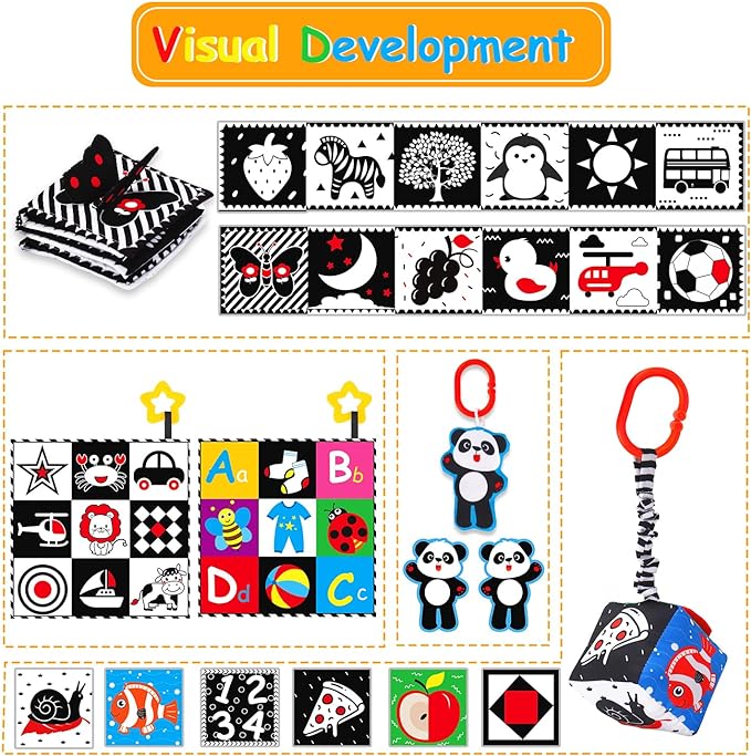 4 PCS Black and White High Contrast Baby Toys 0-3-6 Months Newborn Essential Toy for Babies Crinkle Sensory Book Brain Development Tummy Time Mirror Infant Carseat Rattle Christmas Stocking Stuffer