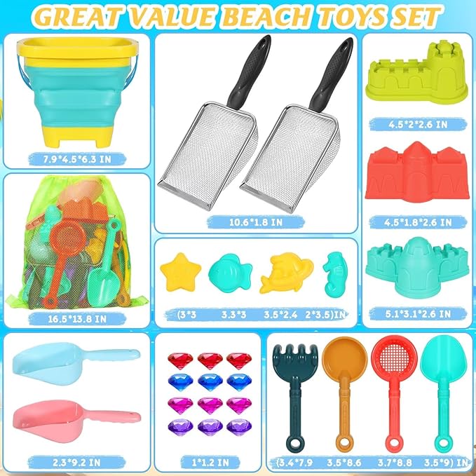 Beach Sand Toys for Kids,Sand toys with 2 Collapsible Beach Bucket,2 Beach Sifter Shovel,Sand Shovel Set,Sand Castle Kit,Sea Animal Molds,Diving Gem Pool Toy,Mesh Bag Travel Toys for Toddler 3-10