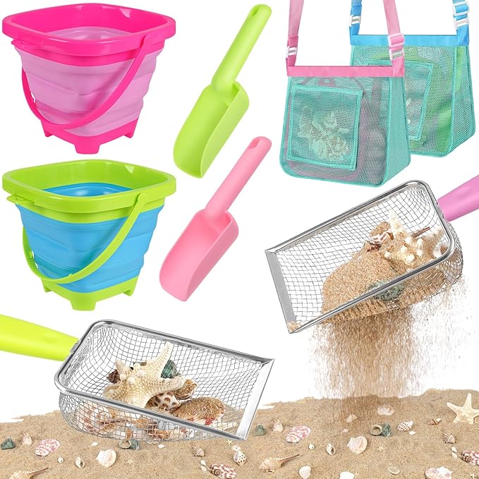 Beach Toys, Sand Toys with 2 Collapsible Beach Bucket and Beach Mesh Shovel, Sand Shovel, Shark Tooth Sifter and Mesh Bag for Shell Collecting, Sand Dipper Beach Scoop for Kids Boys Girls