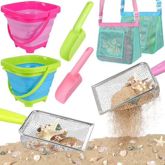 Beach Toys, Sand Toys with 2 Collapsible Beach Bucket and Beach Mesh Shovel, Sand Shovel, Shark Tooth Sifter and Mesh Bag for Shell Collecting, Sand Dipper Beach Scoop for Kids Boys Girls
