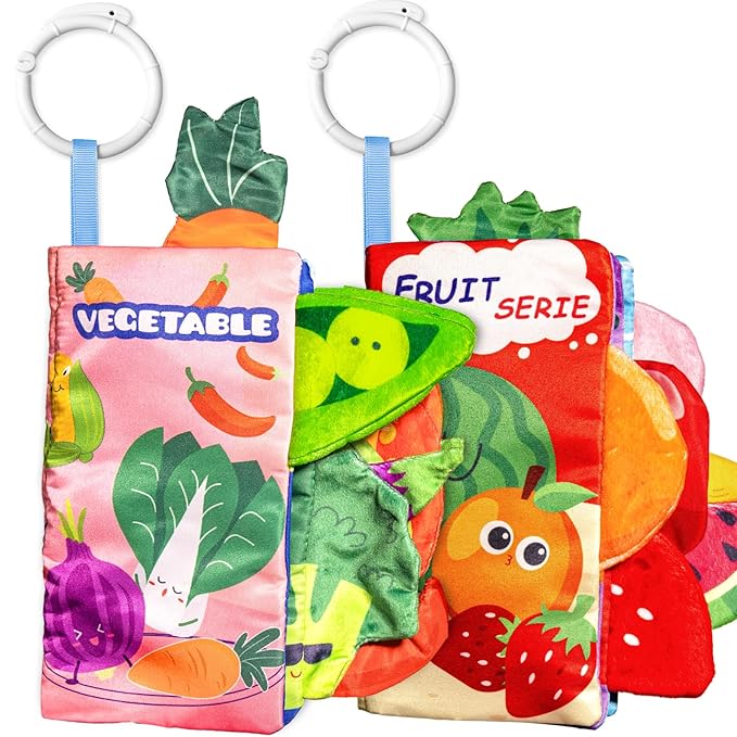 Soft Book Toys for Babies 0-18 Months, 2PCS Crinkle Cloth Books – Fruit and Vegetable Themes, Tails Sensory Book with Rings for Hang, Montessori Early Learning Infant Toy for 0-6-12-18 Month