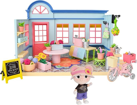 Honey Bee Acres in Bloom Flower Shop, Complete Dollhouse with Miniature Doll Figure, 59 Pieces