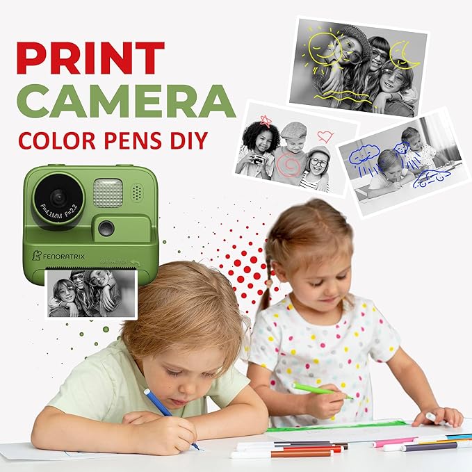Instant Print Camera for Kids – No Ink Needed, 2.4" Screen, Selfie & 1080P Video, 10X Zoom, 3 Paper Rolls, Stickers & Markers, Fun Creative Gift for Boys & Girls Ages 3 4 5 6 7-12– FENORATRIX Green