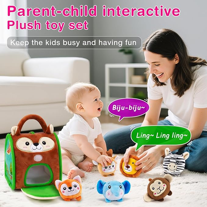 6-12 Months Baby Montessori Toys Sensory Educational Jungle Friends Toy for 1 Year Old with Stuffed Animals Infant Rattle Crinkle Paper Barn Gifts for Newborn Toddlers Christmas Stocking Stuffers