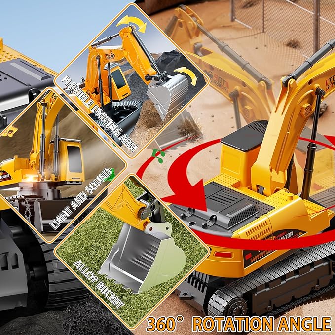 Remote Control Excavator for Boys 4-7, RC Excavator for Kids, 27 MHz Construction Trucks Vehicles Toys for Toddlers 1-3 3-5 4-7 with Metal Shovel and Light Birthday Boys Gifts