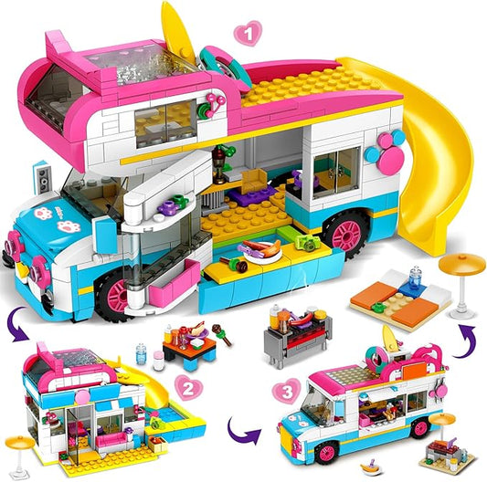 HOGOKIDS 3-in-1 Girls Camper Van Building Set - 494PCS Summer Beach Camping Building Blocks Sets | Food Truck Toys with Slide and Stickers | Easter Gifts for Girls Boys Age 6 7 8 9 10 11 12+