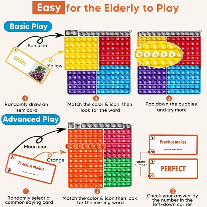 Dementia Word Search Activities for Seniors, Multi-Sensory Brain Training Games for Adults, w/Bubble Board + Word & Proverb Cards, Supporting Memory and Focus, Gifts for Elderly Women & Men