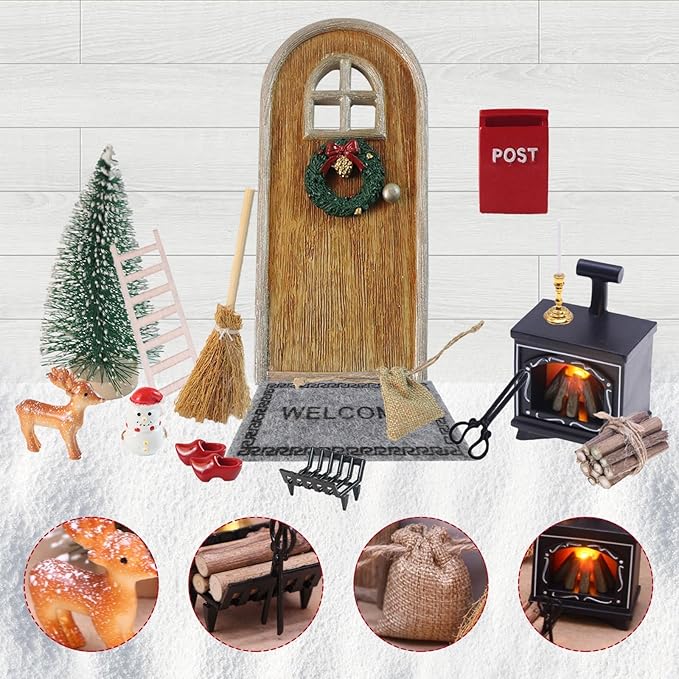 15Pcs Christmas Fairy Door Decorations, Mini Wooden Enchanted Doors, DIY Dollhouse Accessories for Decoration, Tiny Outdoor Decor for Girl Boys Xmas Accessories Fairy Tale