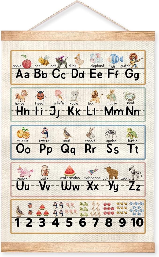 HEYJEEPER Kids Alphabet and Numbers Learning Posters,18.5x14 Inch Linen&Canvas Educational Wall Art with Wood Hanger, ABC 1-10 Chart for Toddlers Classroom Nursery Playroom Decor(Colorful-03)