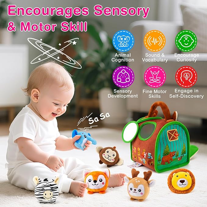 6-12 Months Baby Montessori Toys Sensory Educational Jungle Friends Toy for 1 Year Old with Stuffed Animals Infant Rattle Crinkle Paper Barn Gifts for Newborn Toddlers Christmas Stocking Stuffers