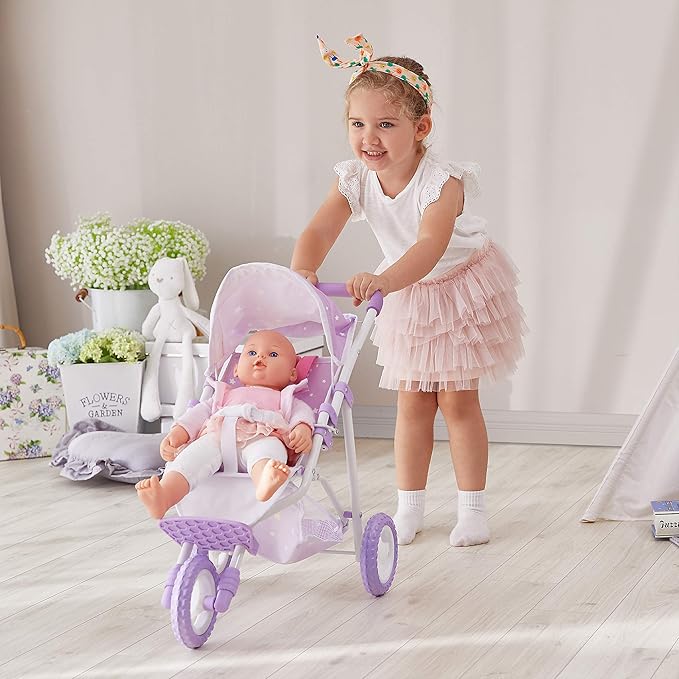 Olivia's Little World Baby Doll Jogging-Style Stroller with Canopy, Seatbelt and Storage Space, Purple and White