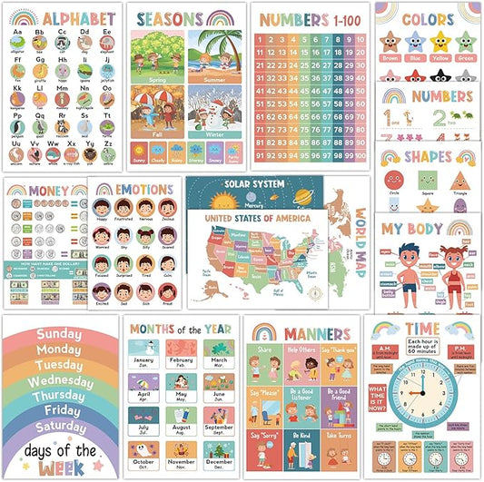 16Pcs Educational Posters for Toddlers 1-3, Learning Posters for Toddlers 1-3, ABC Poster for Kids Ages 3-5, Preschool Posters 1 2 3 Year Old, Kindergarten Homeschool Classroom Must Haves Wall Decor