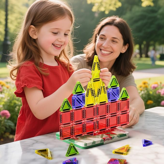 Christmas Magnetic Tiles for Kids, 26 PCs Mini Magnetic Building Blocks with Festive Iron Storage Box, STEM Travel Toys for Toddlers Ages 3-5+, Educational Learning Gift for Boys & Girls