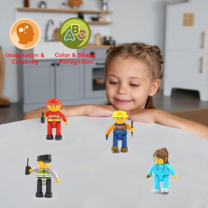 PicassoTiles Magnetic Tiles Action Figures 4 Piece City Characters for Magnet Tile Building Blocks Accessory Add On Pack Construction Block Set Toddler Toy Educational Learning Kit Age 3 and up PTA18