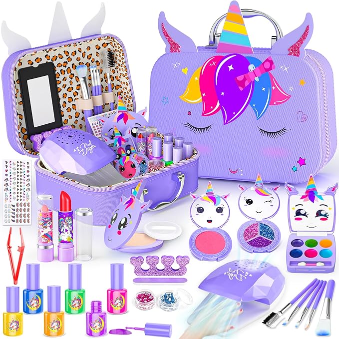 Kids Makeup Kit for Girl - 2 in 1 Kids Washable Makeup Toys & Nail Art Kit with Nail Dryer and Storage Case, Real Girl Makeup Set Birthday Gifts Toys for 3 -12 Year Old Girls, Light Purple