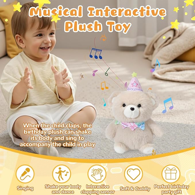 Birthday Interactive Teddy Bear, Musical Birthday Stuffed Animal, Clapping Activates Singing Dancing Shaking, Cute Bear Plush Recording Mimicking Toy Gifts for Kids Girls Boys