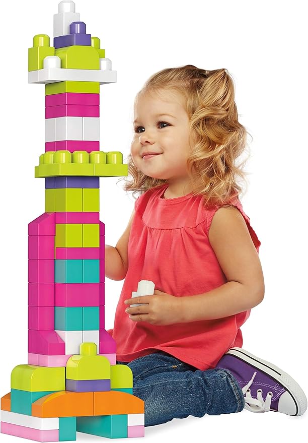 MEGA BLOKS First Builders Toddler Blocks Toys Set, Big Building Bag Collection with 80 Pieces and Storage, Pink, Ages 1+ Years