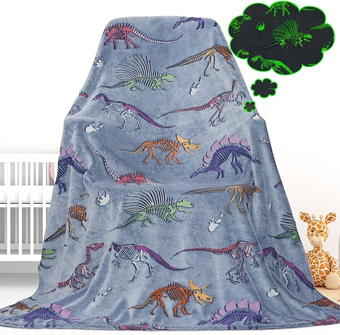 Glow in The Dark Dinosaur Blanket for Boys Girls Kids Cute Dino Throw Blankets for Couch, Kids Fleece Blankets, Soft Warm Plush Dinosaur Toddler Blanket Luminous