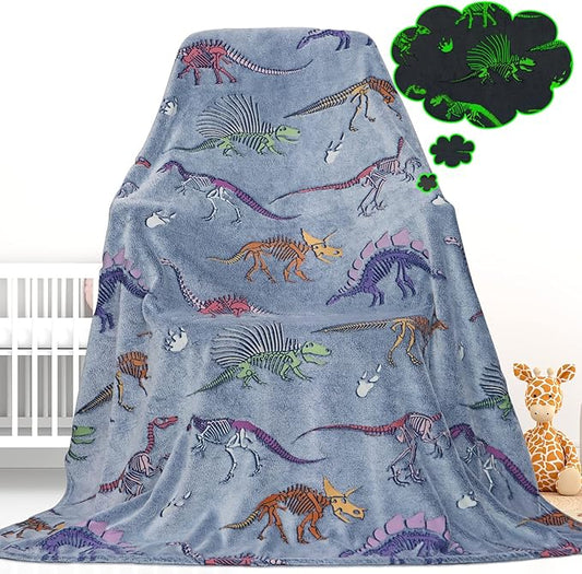 Glow in The Dark Dinosaur Blanket for Boys Girls Kids Cute Dino Throw Blankets for Couch, Kids Fleece Blankets, Soft Warm Plush Dinosaur Toddler Blanket Luminous