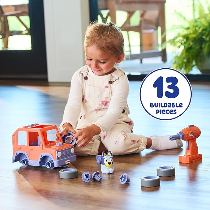 BUILD-A-BUDDY Bluey Car - Buildable Motorized Vehicle for Take Apart Play - Includes Bluey Figure and Toy Drill - Kids Gifts and Stocking Stuffers - Ages 3 Years and Up