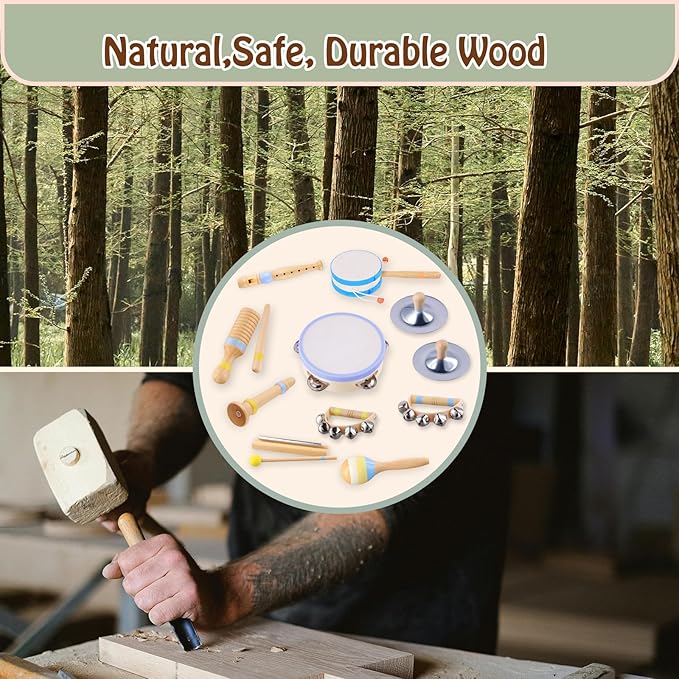 Montessori Musical Instruments for Toddlers, Wooden Baby Music Set with Drum, Flute, Clarinet, Chime Bar, Bells Cymbals, Natural Sensory Learning Toys for Boys Girls 1-3 Years Old