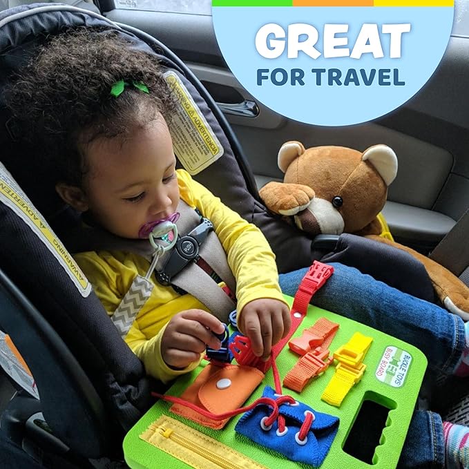 Buckle Toys Green Busy Board for 1 Year Old Toddlers Travel Essentials for Kids, Montessori Toys for 1 Year Old Baby to Develop Fine Motor Skills, Great for Road Trip Activities for Kids Sensory Toy