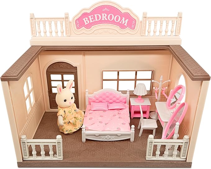 Family Bedroom Doll House — Cozy Cabin with Bunny Figure, Bed, Vanity & Accessories, Complete Modular Dollhouse Playset for Creative Pretend Play Ages 3+
