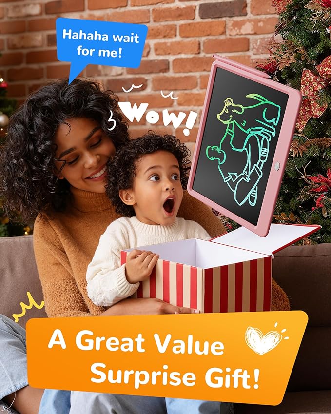 KOKODI LCD Writing Tablet, 12 Inch Colorful Toddler Doodle Board Drawing Tablet, Erasable Reusable Electronic Drawing Pads, Educational and Learning Toy for 3-6 Years Old Boy and Girls(Pink)