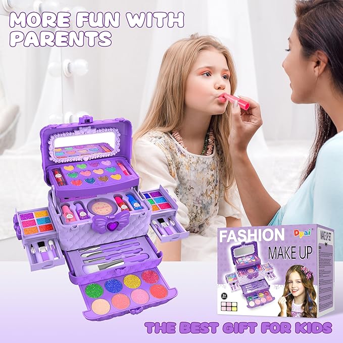 54 Pcs Kids Makeup Kit for Girls, Princess Real Washable Pretend Play Cosmetic Set Toys with Mirror, Birthday Gifts for 3 4 5 6 7 8 9 10 Years Old Girls Kids (Purple)