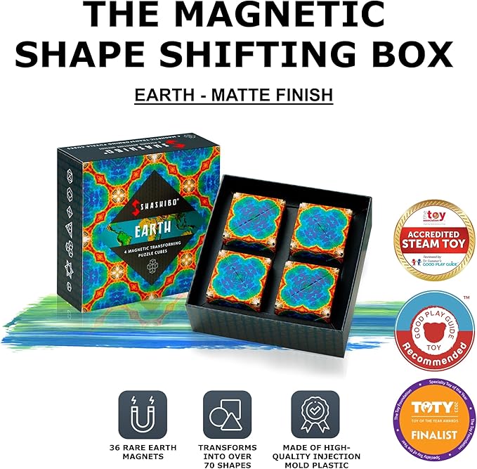 SHASHIBO Shape Shifting Box - Award-Winning, Patented Fidget Cube w/ 36 Rare Earth Magnets - Transforms Into Over 70 Shapes, Gift Box, Download Fun in Motion Toys Mobile App (Earth, 4 Pack)