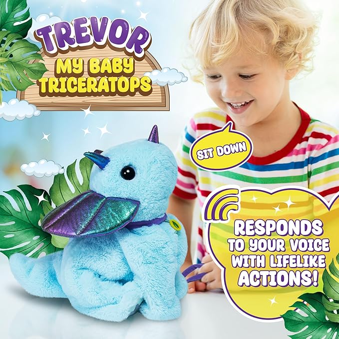 Voice Command Robot Dinosaur Plush - Interactive Pet | Trevor My Baby Triceratops, Knows 6 Tricks & Likes Walks | Dinosaur Toys for Kids 3-5, Stuffed Animals for Girls & Boys 3-6 Year Old Gifts