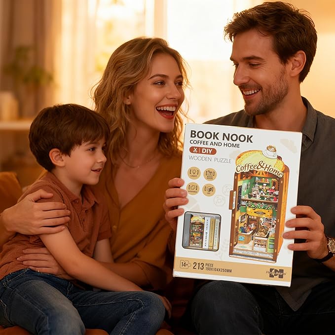 Book Nook Kit - DIY Miniature House Kit for Adults, Dollhouse Booknook Tiny House Bookshelf Decor 3D Wooden Puzzle Street Model, Ideal Gift for Book Lovers, Family, Friends (Coffee & Home)