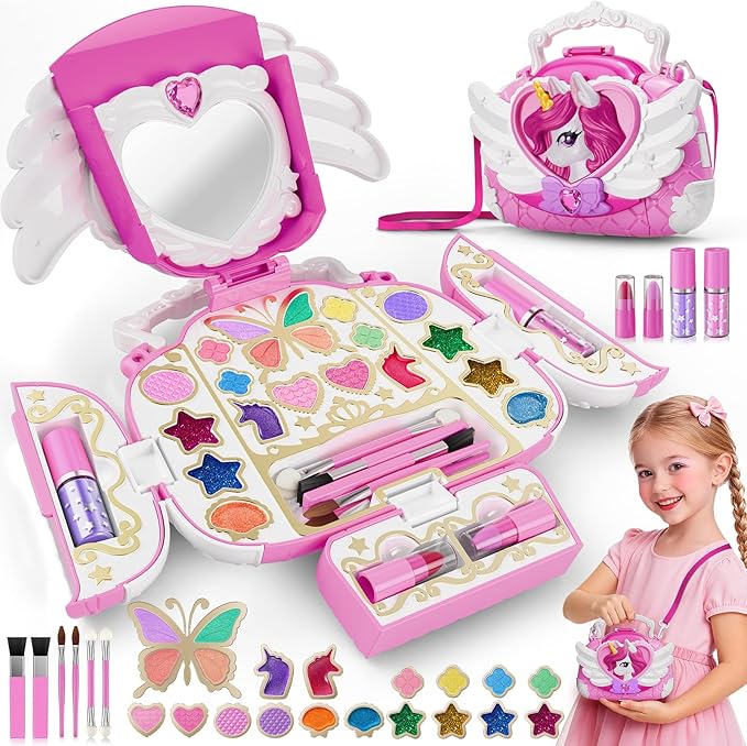 Unicorn Kids Makeup Kit with Mirror & Strap, Real Washable Make Up Set Princess Toys Unicorn Toys for Girls Age 4-6 5-7 6-8 8-13,Girls Toys Stocking Stuffers for Kids,Birthday Gifts for 3-12 Year Old