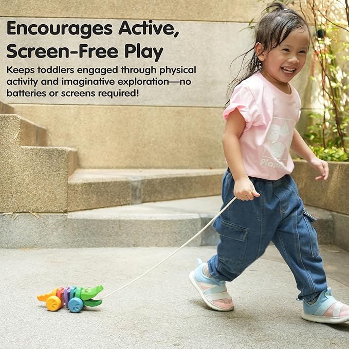 PlanToys® Rainbow Dancing Alligator Pull Toy for Toddlers | Eco-Friendly Wooden Toy with Click-Clack Sound | Walking Toy for Babies